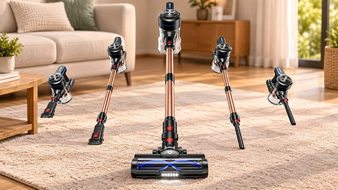 Aspirateur sans fil dans un salon chaleureux