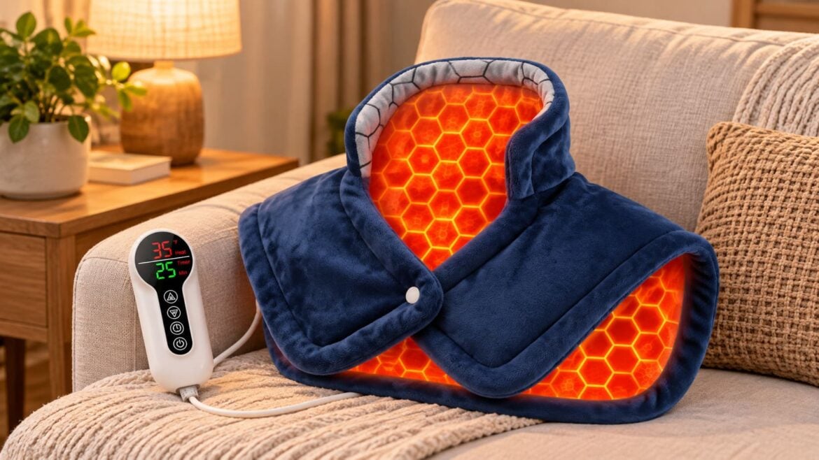 Coussin épaules cou chauffant bleu sur canapé