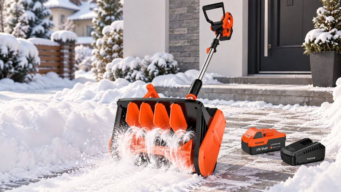 pelle à neige électrique orange VoltAsk en action